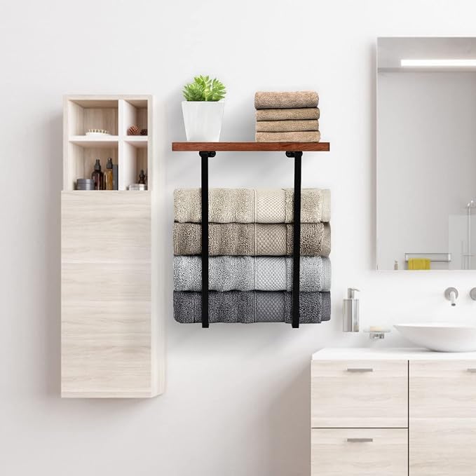 Wall Towel Organizer with Wooden Display Shelf