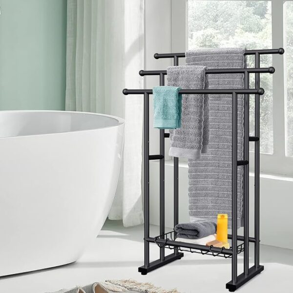 Standing Towel Rack with Integrated Storage Basket