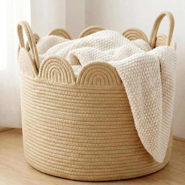 Round Cotton Rope Basket with Scalloped Edge