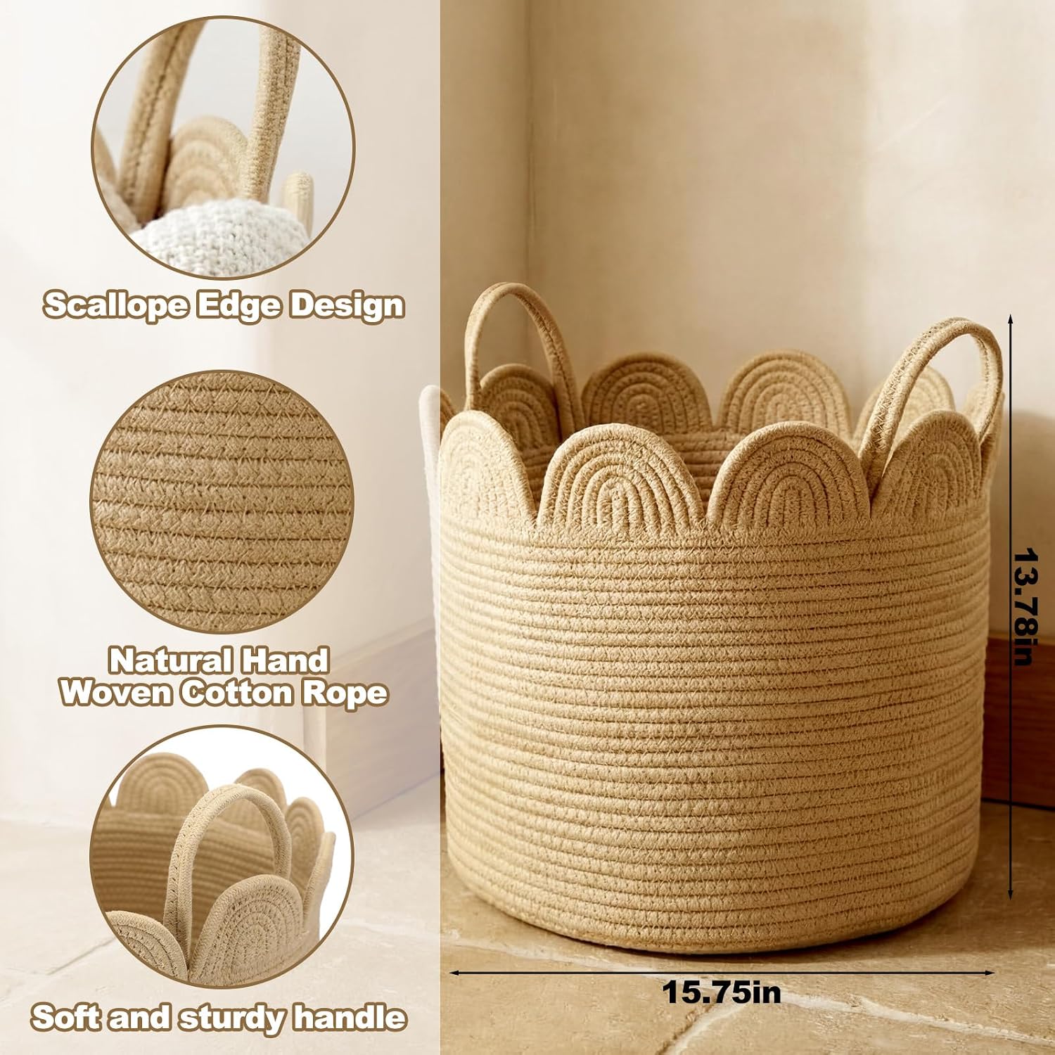 Round Cotton Rope Basket with Scalloped Edge - Image 2